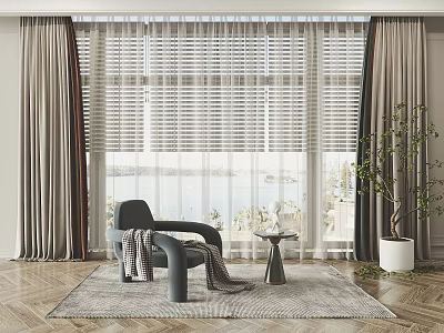 Elegant Curtains with Sheer Blinds in Modern Living Room Scenic View and Natural Light 3d model
