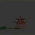 Traditional Chinese Garden Pavilion Featuring Green Roof Red Pillars Bridge And Lotus Plants