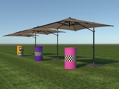 Stylish Outdoor Canopies in Green Grass Field with Purple Pink Checkered Barrels and Yellow Can 3d model