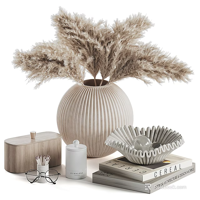Modern Minimalist Decorative Ornaments Set With Ceramic Vase Dried Pampas Grass Wooden Storage Box And Decorative Bowl 3d model 