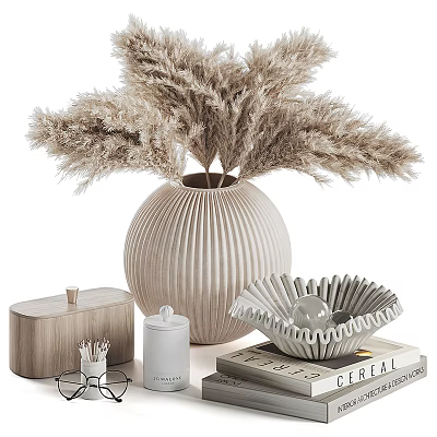 Modern Minimalist Decorative Ornaments Set With Ceramic Vase Dried Pampas Grass Wooden Storage Box And Decorative Bowl 3d model