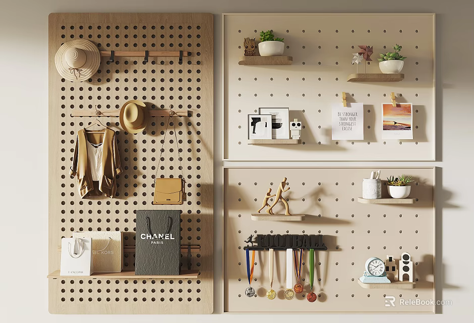 Pegboard Wall Decor Featuring Fashion Items Plants Art Prints And Medals 3d model 