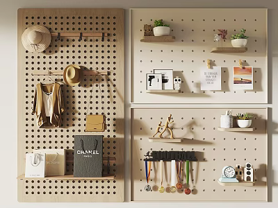 Pegboard Wall Decor Featuring Fashion Items Plants Art Prints And Medals 3d model