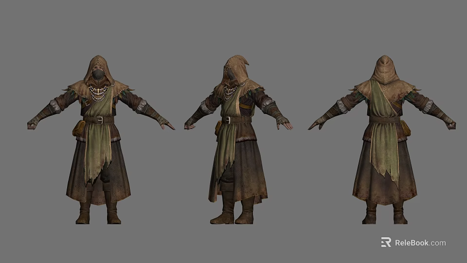 Three Angles View Of Fantasy Creature Character In Hooded Robe And Armor 3d model 
