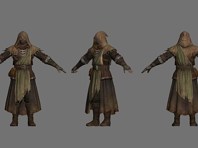 Three Angles View Of Fantasy Creature Character In Hooded Robe And Armor 3d model