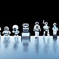 Smart Robots with Various White Designs Standing on Reflective Surface Against Black Background 3d model