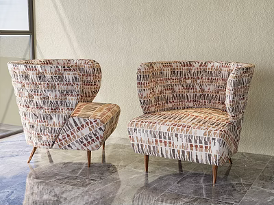 Stylish Modern Accent Chairs with Multicolored Geometric Fabric and Metal Legs on Marble Floor 3d model