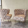 Stylish Modern Accent Chairs with Multicolored Geometric Fabric and Metal Legs on Marble Floor