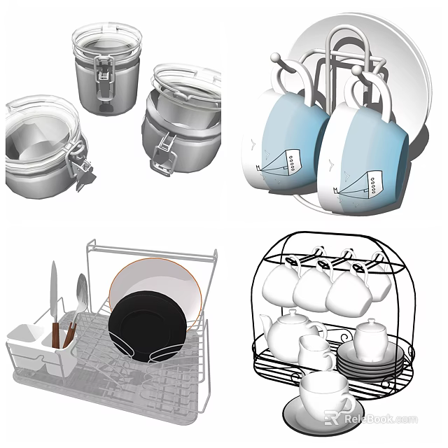 Essential Kitchen Cookware Set Including Pots Mugs Knives Plates And Dish Rack 3d model