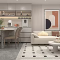 Modern Apartment Open Living Dining Kitchen Layout With Sofa Coffee Table And Decorative Painting