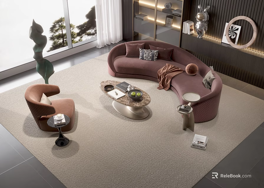 Modern Pink Curved Sofa and Coffee Table Set With Brown Armchair and Marble Top 3d model 