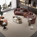 Modern Pink Curved Sofa and Coffee Table Set With Brown Armchair and Marble Top