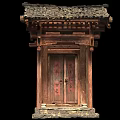 Ancient Architecture Wooden Door With Traditional Carved Roof Red Decorations And Stone Base