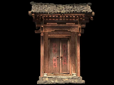 Ancient Architecture Wooden Door With Traditional Carved Roof Red Decorations And Stone Base 3d model