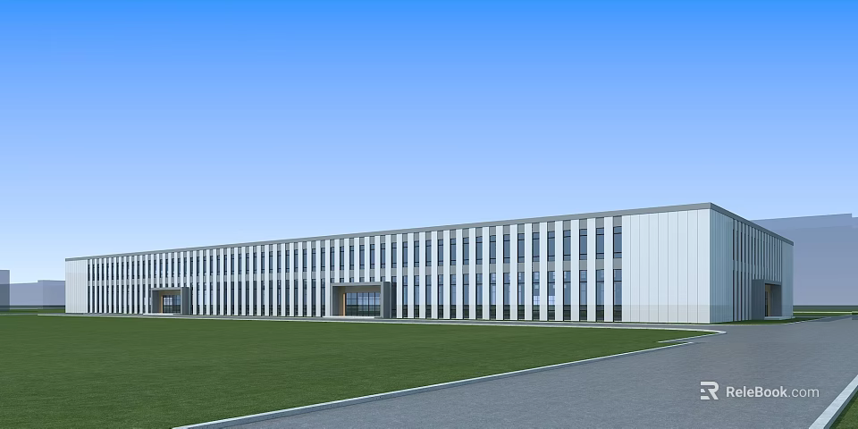 Modern Industrial Factory Building With Many Windows Green Lawn And Front Road Under Blue Sky 3d model 