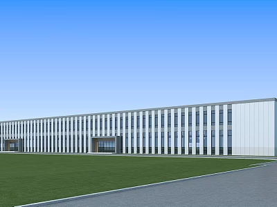 Modern Industrial Factory Building With Many Windows Green Lawn And Front Road Under Blue Sky 3d model