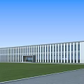Modern Industrial Factory Building With Many Windows Green Lawn And Front Road Under Blue Sky