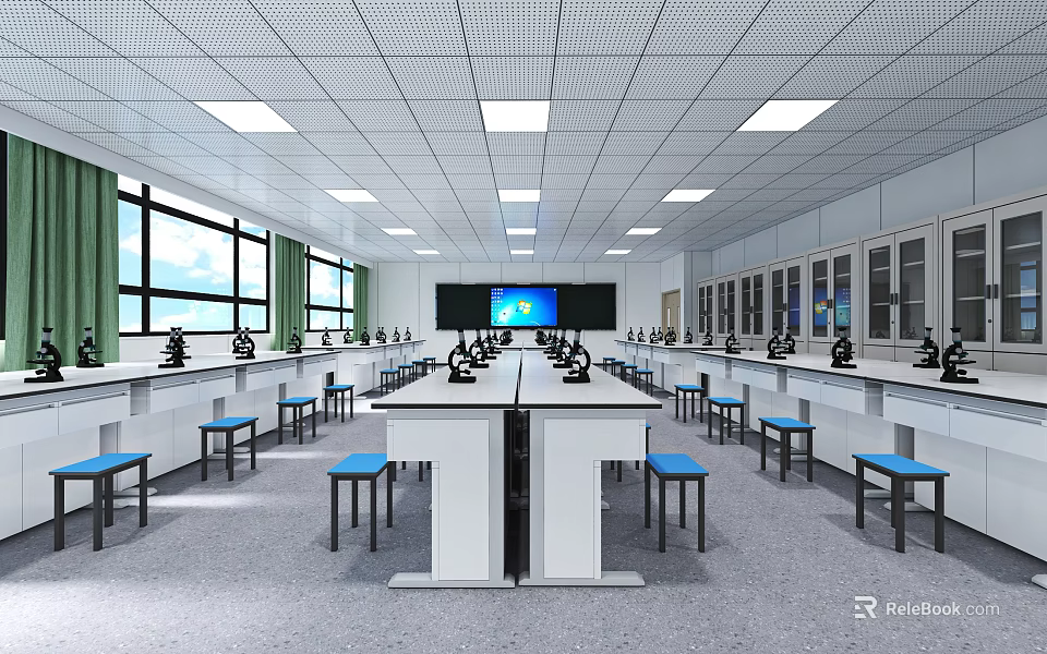 Modern Laboratory Interior With Lab Tables Scientific Equipment And Large Windows 3d model 