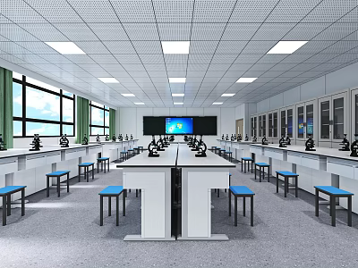 Modern Laboratory Interior With Lab Tables Scientific Equipment And Large Windows 3d model