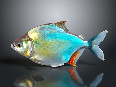 Colorful Iridescent Fish With Vibrant Blue Green Orange Shiny Body On Dark Background With Reflection 3d model