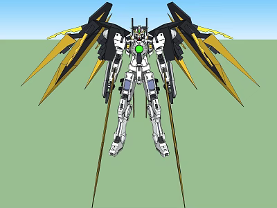 Smart Robot With Black And Yellow Wings Green Core Silver Body And Spear Like Weapons 3d model