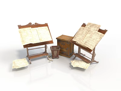 Vintage Wooden Reading Racks with Open Papers Small Cabinet Bin and Scattered Papers on Floor 3d model