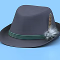 Gray Hat With Green Ribbon Band And Feather Decoration On Blue Background