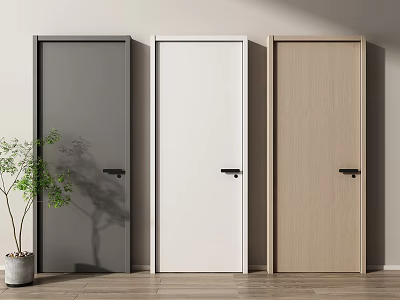 Modern Interior Hinged Doors in Gray White and Light Wood Tones with Green Plant 3d model