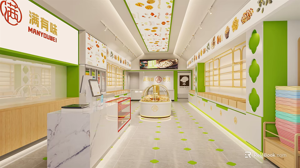 Bright Clean Specialty Store Interior With Display Cases Shelves And Green White Decor 3d model 