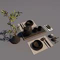 Traditional Black Ceramic Tea Set On Mat Tray With Olive Branch Decoration