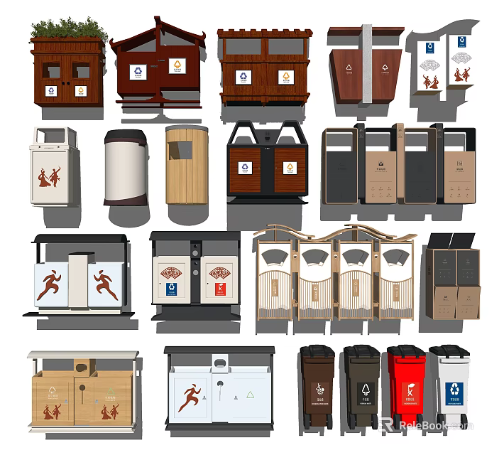 Public Facilities Waste Containers Featuring Various Designs Materials And Recycling Labels 3d model