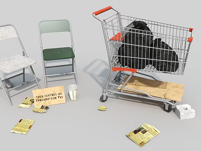 Folding Chairs Shopping Cart Newspapers Coins And Cup As Daily Living Supplies 3d model