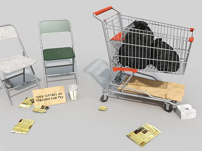 Folding Chairs Shopping Cart Newspapers Coins And Cup As Daily Living Supplies 3d model Folding Chairs Shopping Cart Newspapers Coins And Cup As Daily Living Supplies 3d model