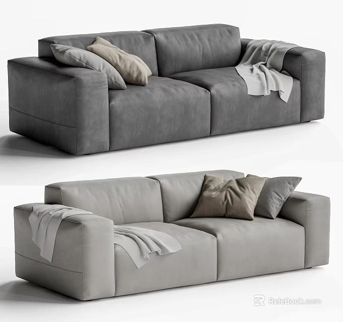 Modern Two Seater Sofa With Gray Pillows And Soft Throw Blanket 3d model