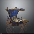 Vintage Ornate Carriage With Blue Canopy Gold Accents And Wooden Wheels