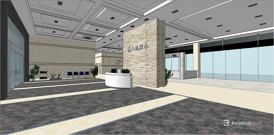 Modern Service Hall Interior With Reception Counter Waiting Seats And Glass Windows 3d model 