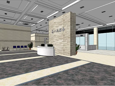 Modern Service Hall Interior With Reception Counter Waiting Seats And Glass Windows 3d model