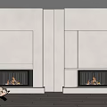 Two Modern White Fireplaces With Flames And Stacked Wood In Minimalist Interior On Wooden Floor
