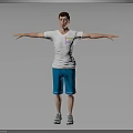 Man With Red Hair White T-Shirt Blue Shorts Arms Outstretched Against Gray Background Wearing Sneakers