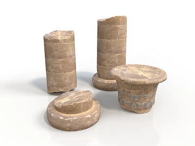 Ancient Stone Artifacts With Cylindrical Pillars Round Bases And Decorated Containers 3d model