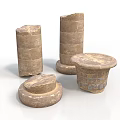 Ancient Stone Artifacts With Cylindrical Pillars Round Bases And Decorated Containers