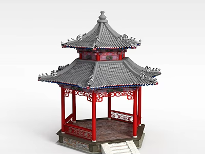 Technology Exhibition Hall Featuring Traditional Chinese Pavilion Model With Red Pillars And Gray Tiles 3d model