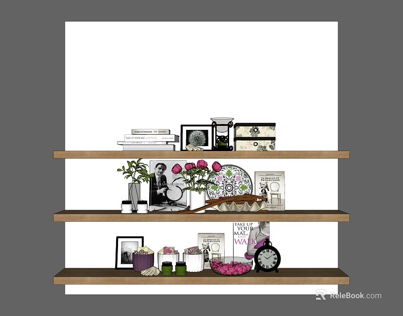 Decorative Ornament Set With Framed Photos Vases Fresh Roses And Books On Wooden Shelves 3d model 