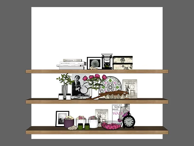 Decorative Ornament Set With Framed Photos Vases Fresh Roses And Books On Wooden Shelves 3d model