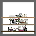 Decorative Ornament Set With Framed Photos Vases Fresh Roses And Books On Wooden Shelves