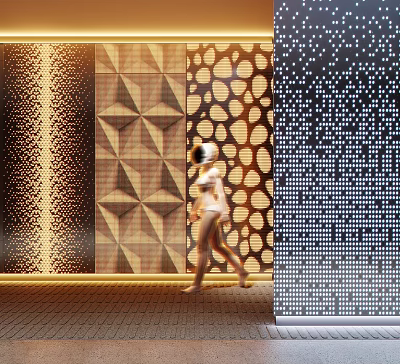 Decorative Wall Panels With Geometric Patterns Circular Holes And Dot Textures In Interior Space 3d model