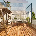 Wooden Outdoor Pavilion With Garden Greenery Flowers And Sea View