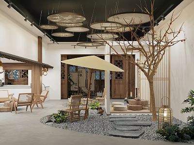 Traditional Tea House Courtyard Design with Wooden Structures Stone Paths Trees and Lanterns Relaxing Atmosphere 3d model