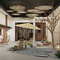 Traditional Tea House Courtyard Design with Wooden Structures Stone Paths Trees and Lanterns Relaxing Atmosphere