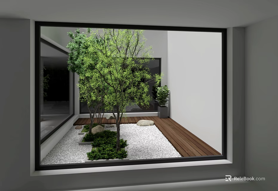 Indoor Courtyard Landscape View Through Window With Green Trees Gravel And Wood Flooring 3d model 
